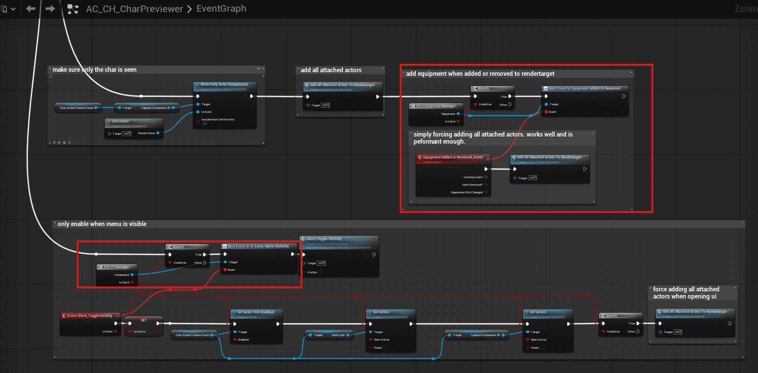 Blueprint logic for equipment updates and in-game menu visibility