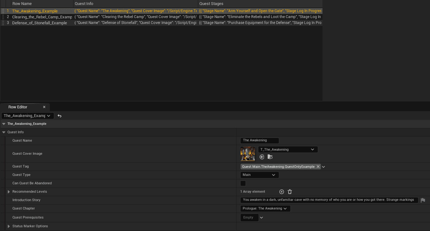 Quest Data Table Overview screenshot