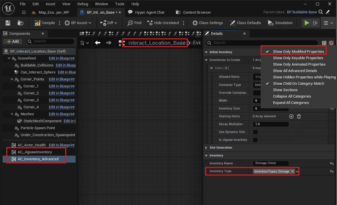 Show Modified Values for inventory component settings on interact location classes