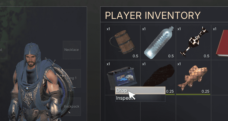 Dropping an item to test custom inventory dialogue
