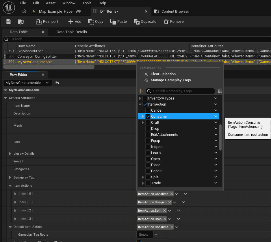 Item actions assigned in DT_Items