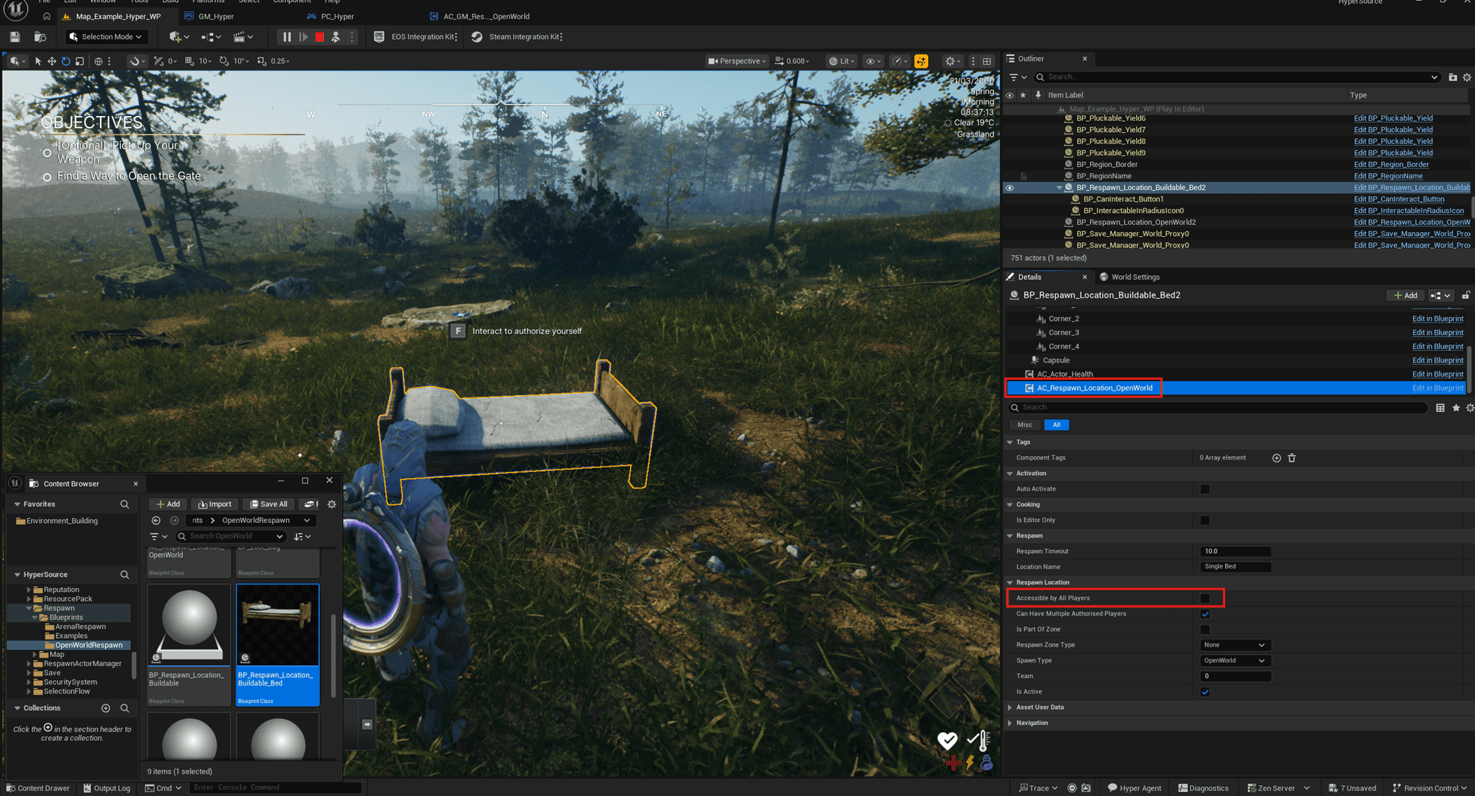 Bed as an authorized open world respawn location