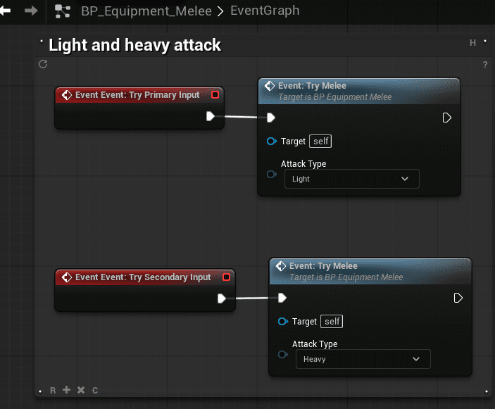 BP_Equipment_Melee primary and secondary input handling