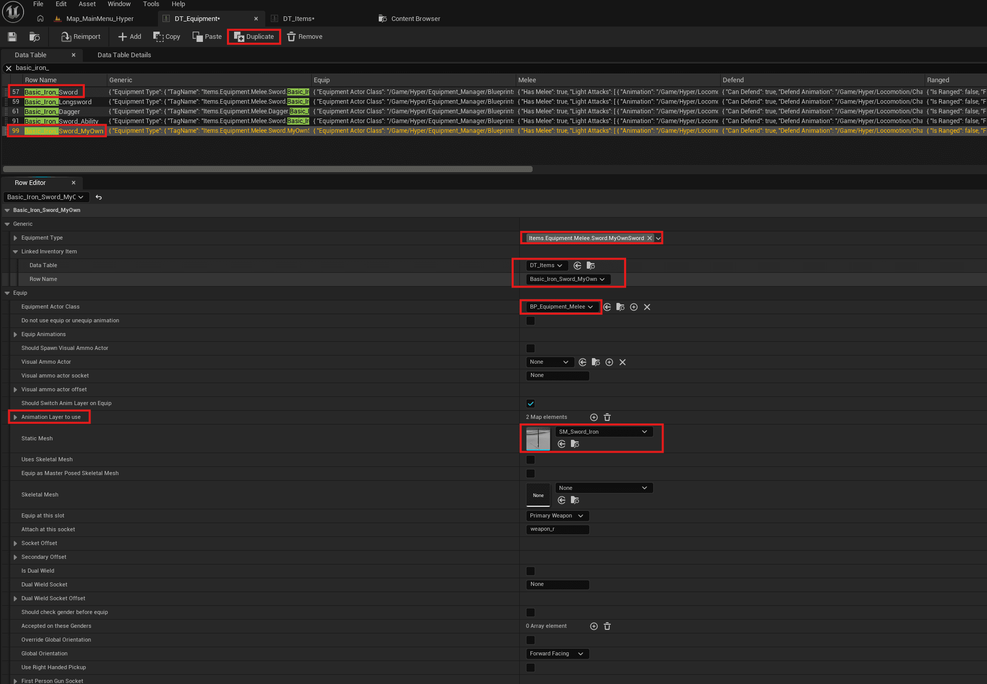 Duplicating Iron Sword in DT_Equipment and setting core variables