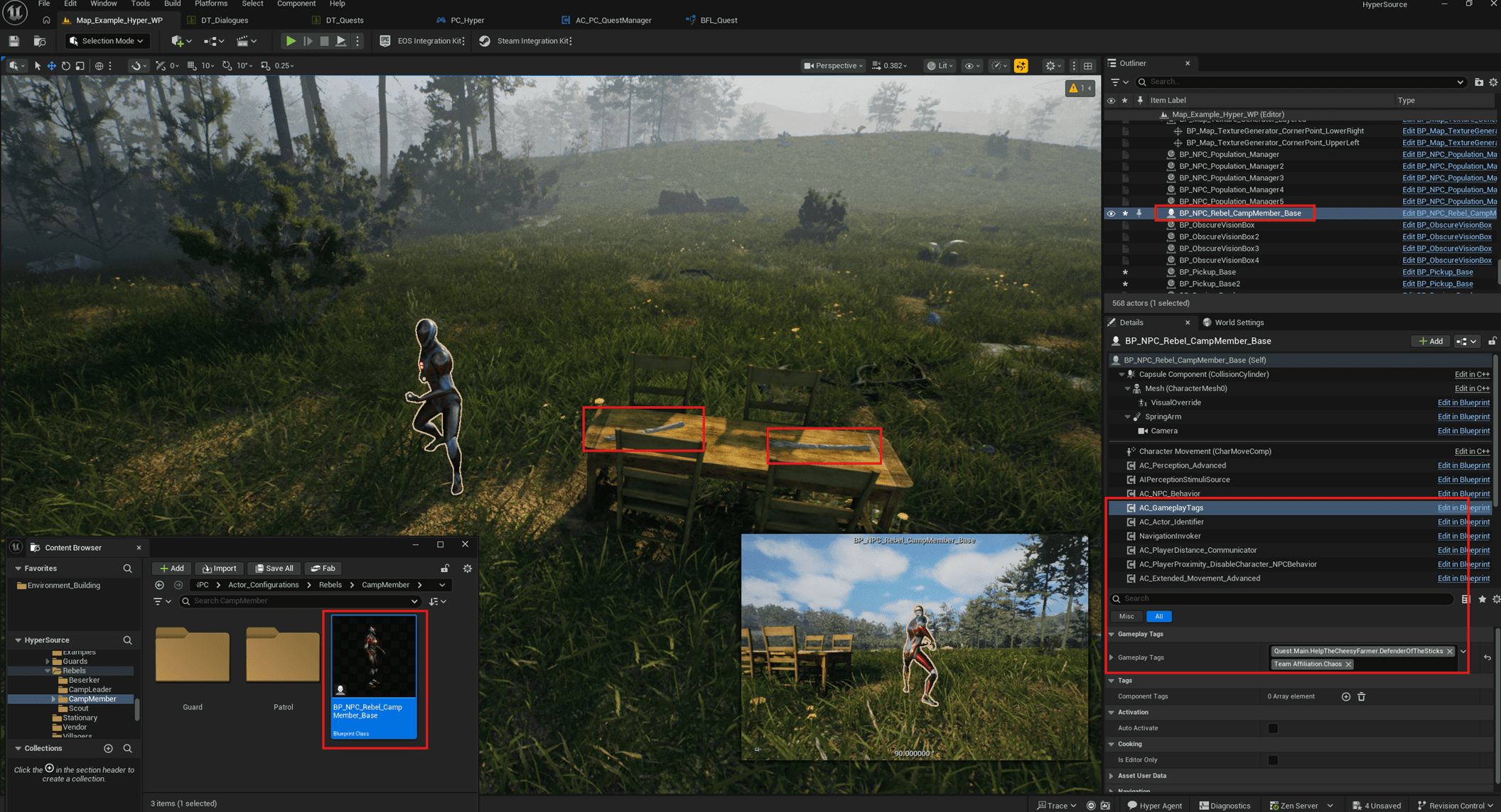 Defender NPC, table, and stick pickup actors placed in the world