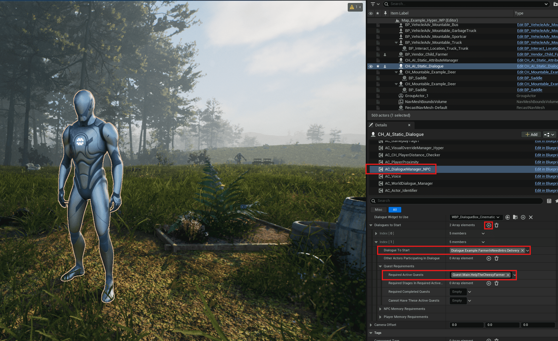 Delivery dialogue assigned to the Cheesy Farmer with active quest requirement