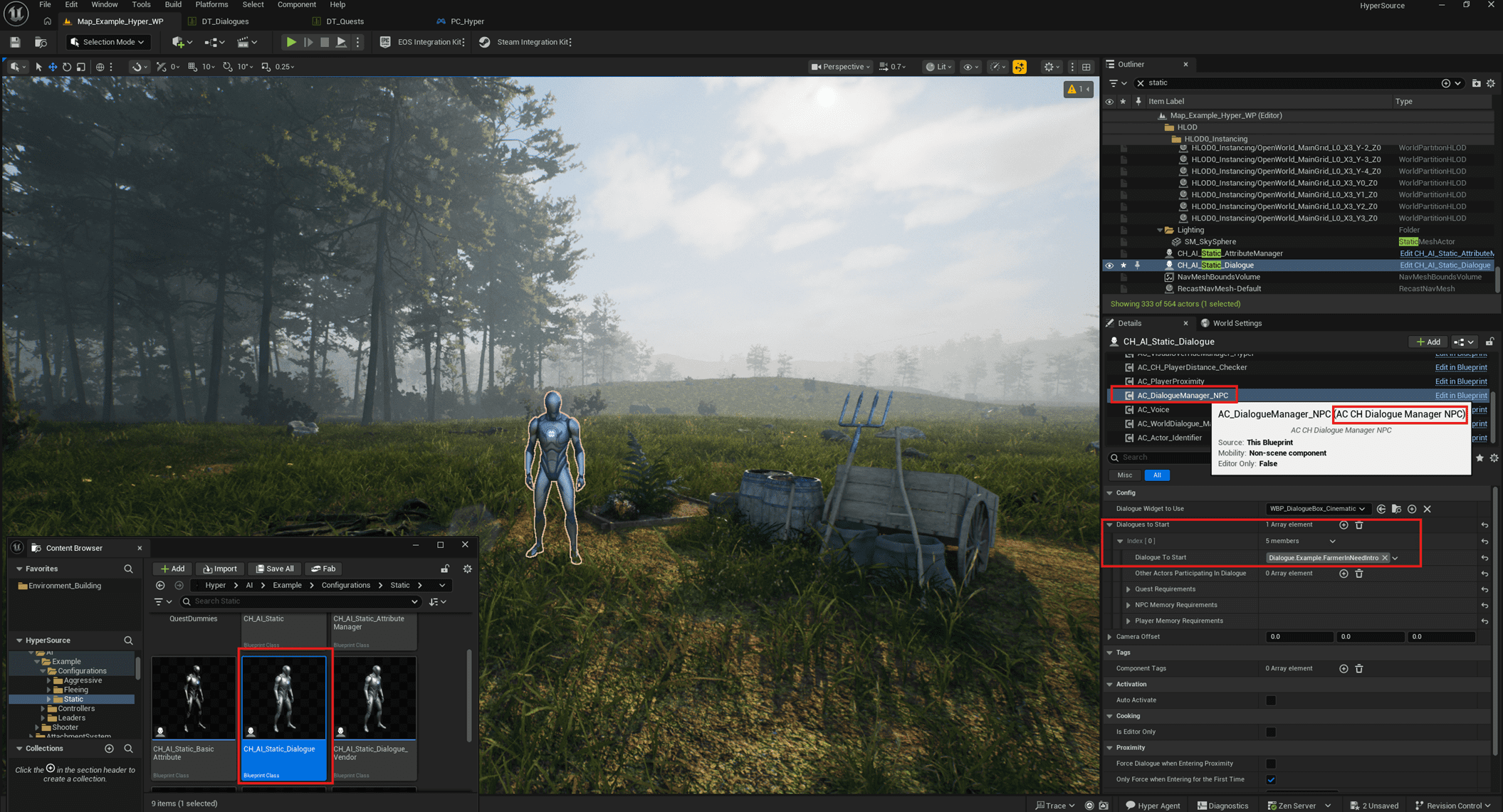 Dialogue Manager component with starting dialogue and visual override setup