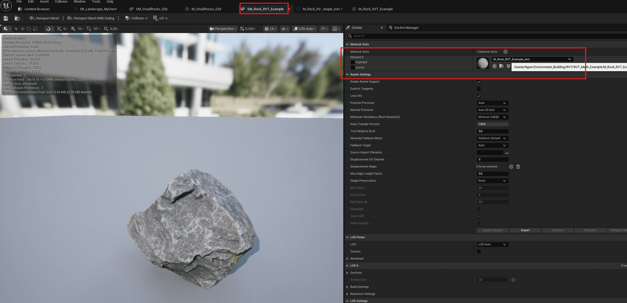 Material instance assigned to duplicated rock mesh