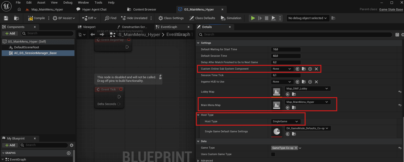 Main menu GameState component settings for multiplayer host type and main menu map