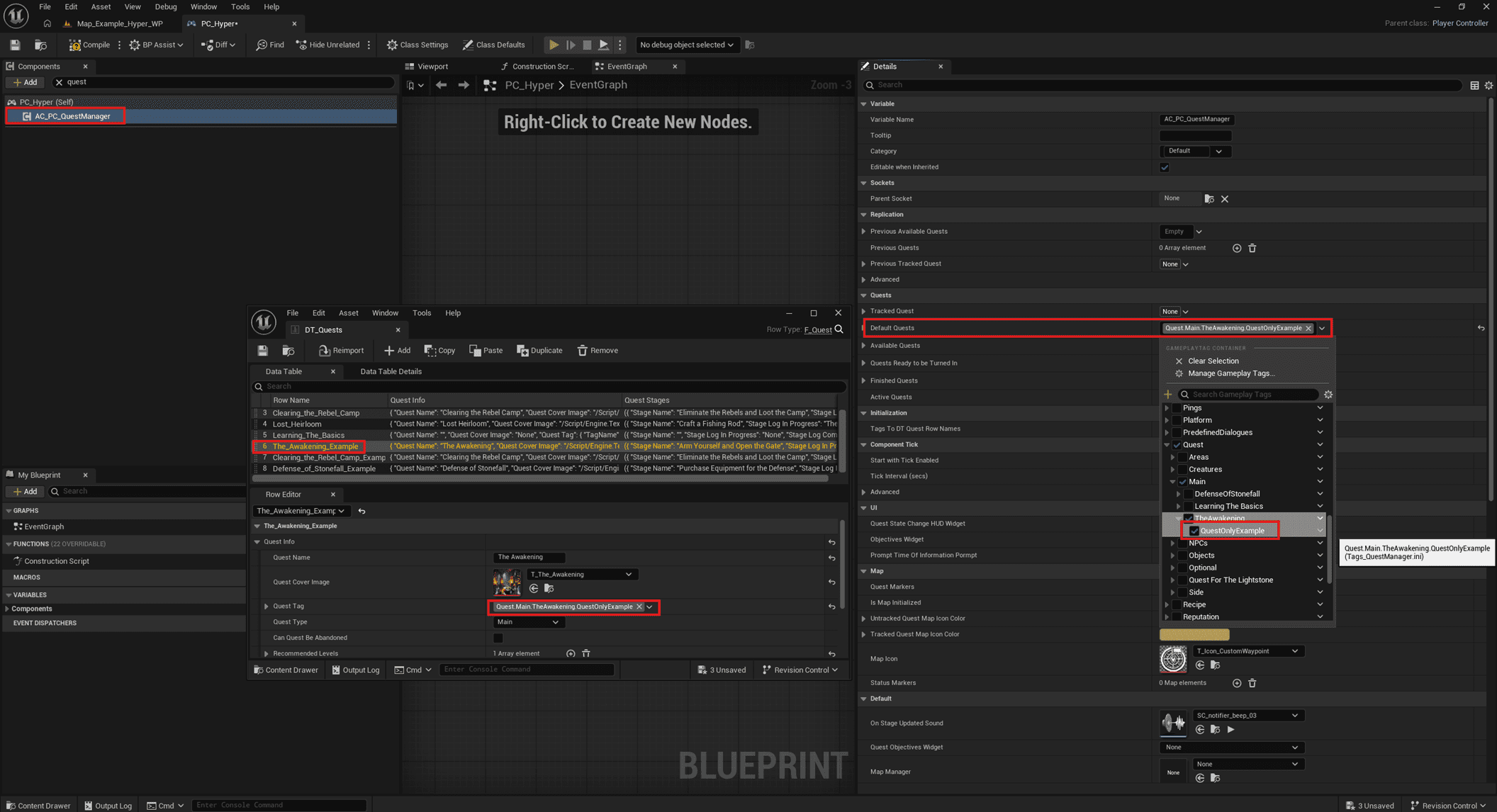 Default quest setup in the Player Controller QuestManager