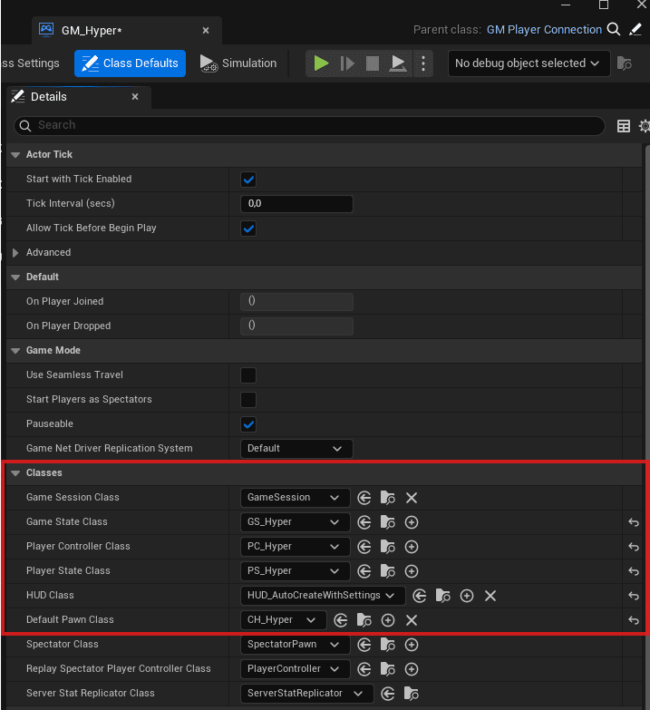 GameMode class setup with Game State, Player Controller, Player State, and Default Pawn