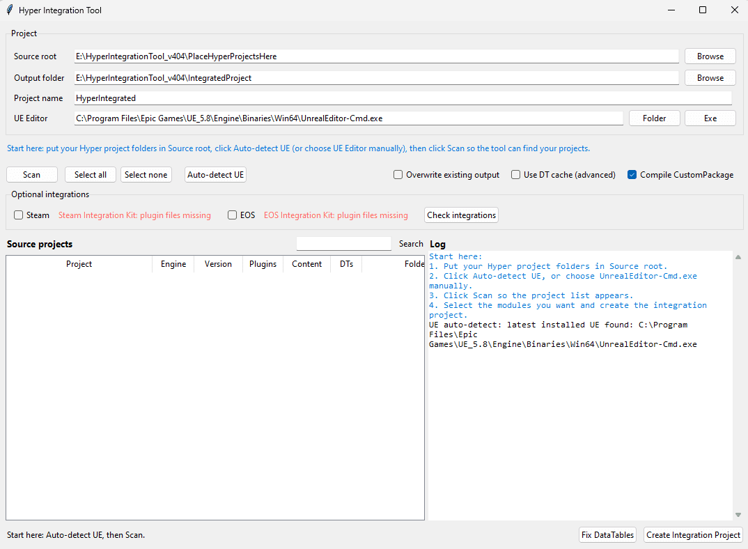 Hyper Integration Tool GUI with source root selected