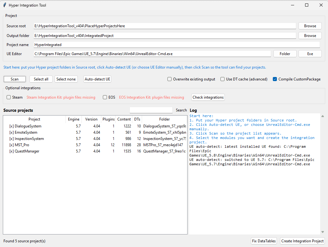 Hyper Integration Tool scan with detected systems and versions