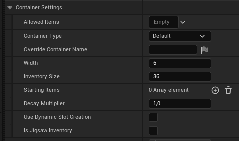 Container Settings screenshot