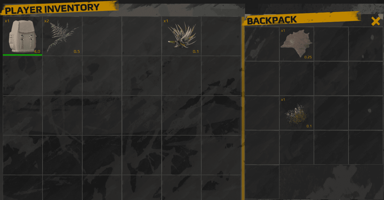Inventory and backpack containers open side by side