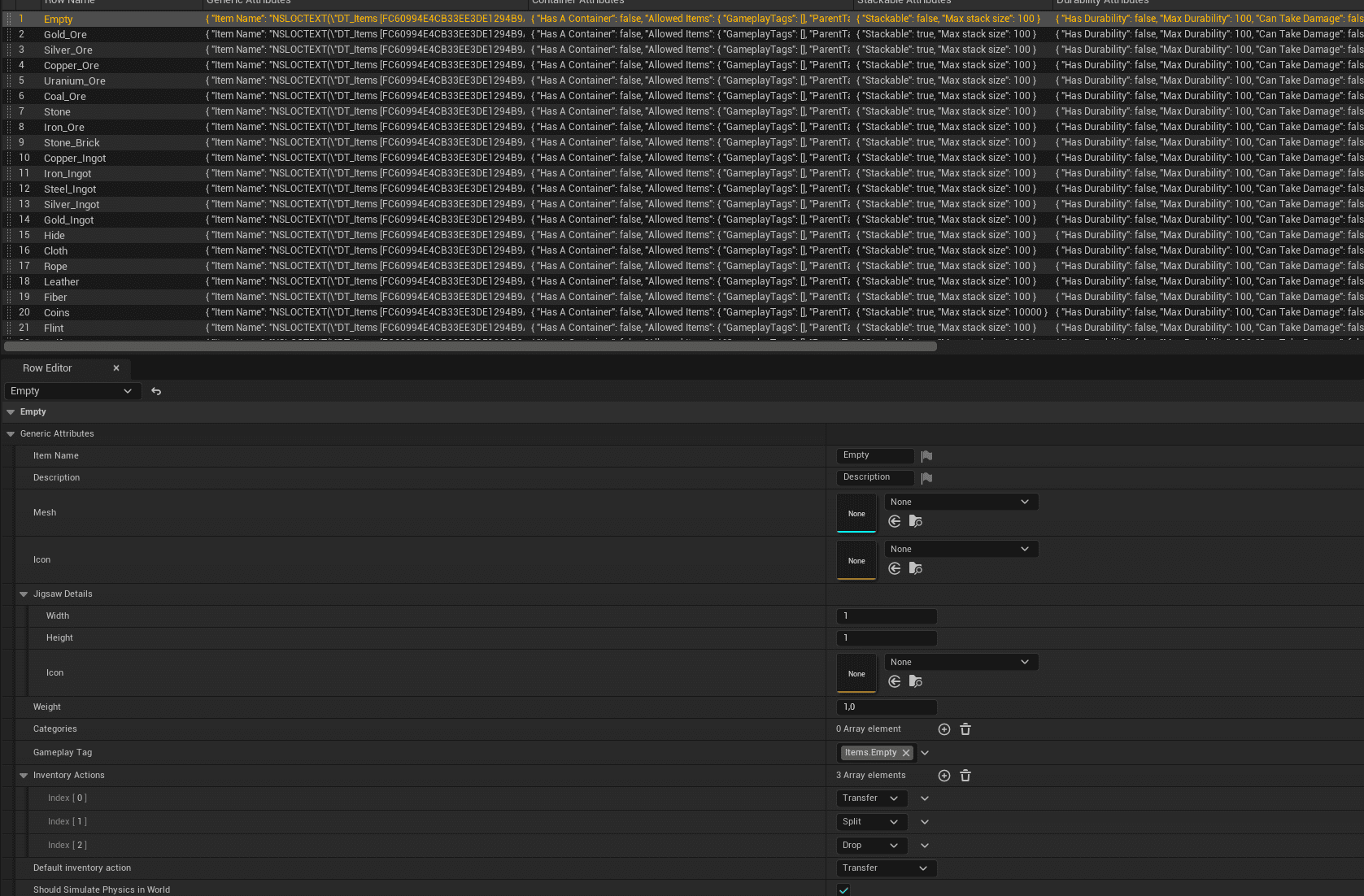 Item Data Table screenshot