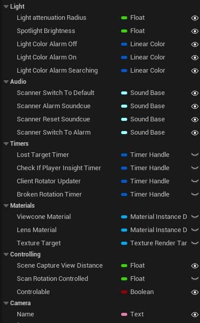BP_Security_Camera variables screenshot