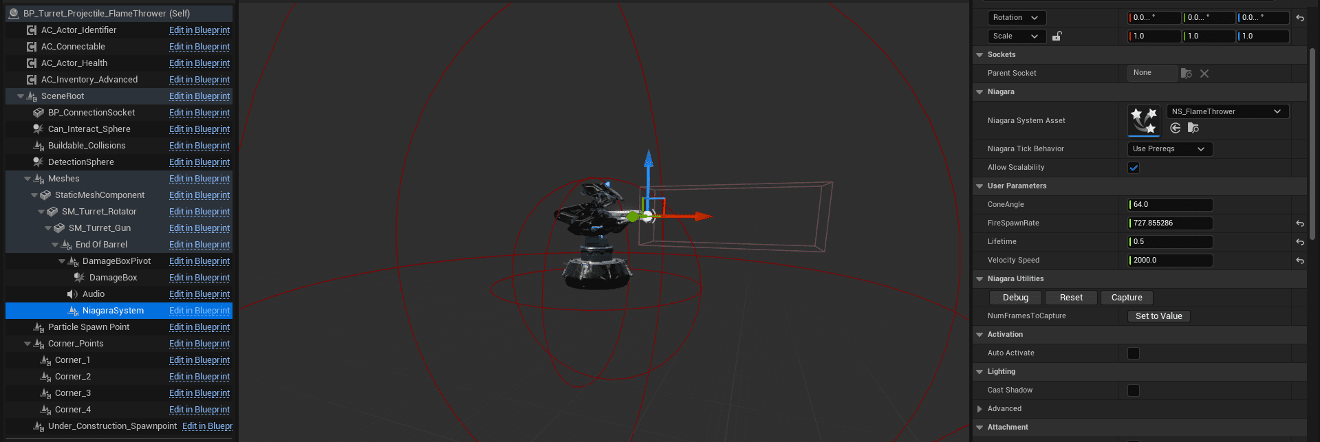 Flamethrower child configured with a flame Niagara system and a forward damage box screenshot