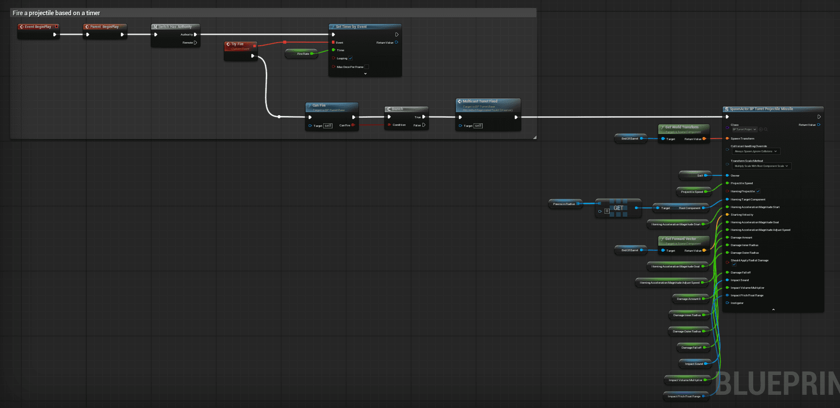 Projectile turret firing on a timer and spawning the missile projectile actor screenshot